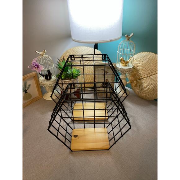 Set 2 Hezagon Shaped Geometric Wall Mounted Floating Metal Wood Shelves Lot - Picture 4 of 10